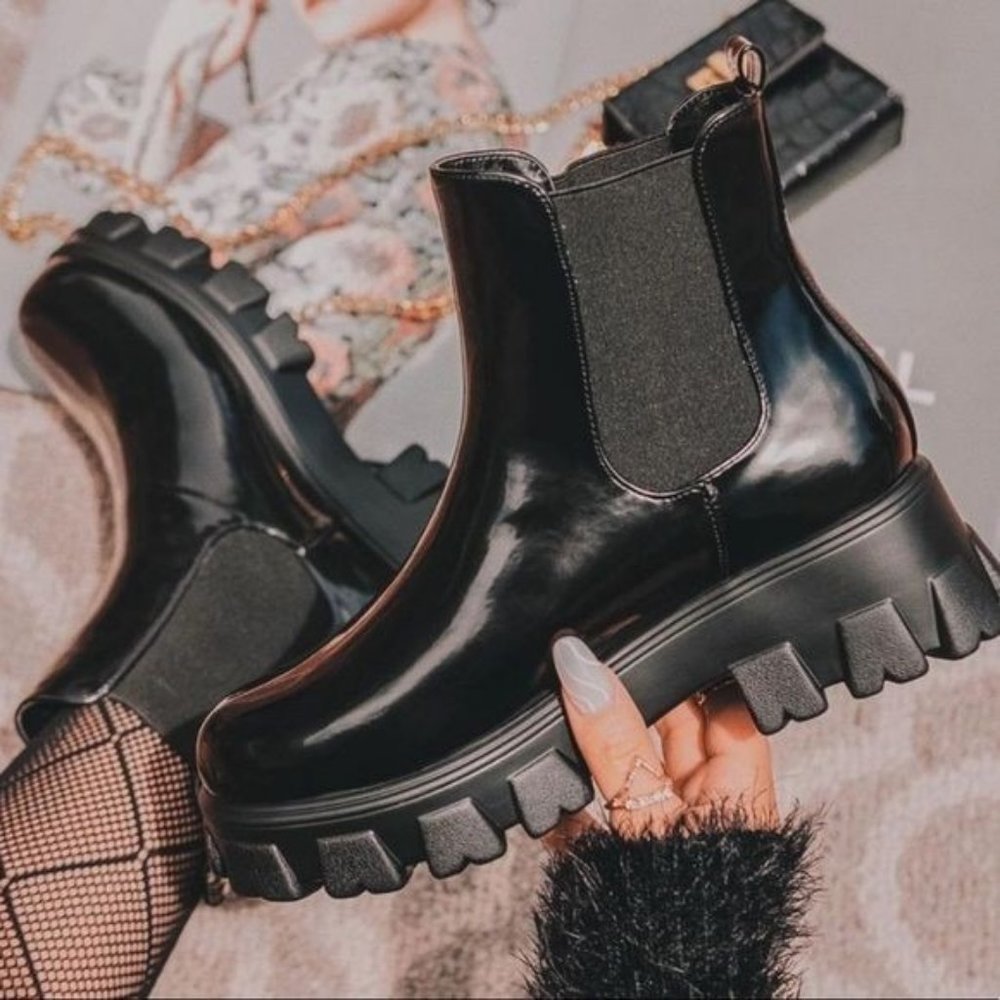NEW Black Patent Chunky Chelsea Boots w/ Lug Sole